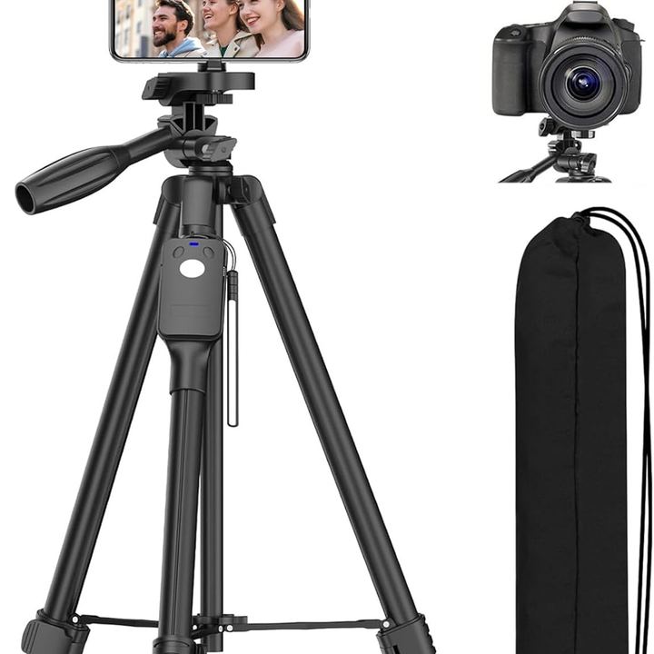 Full-height camera tripod with a phone holder