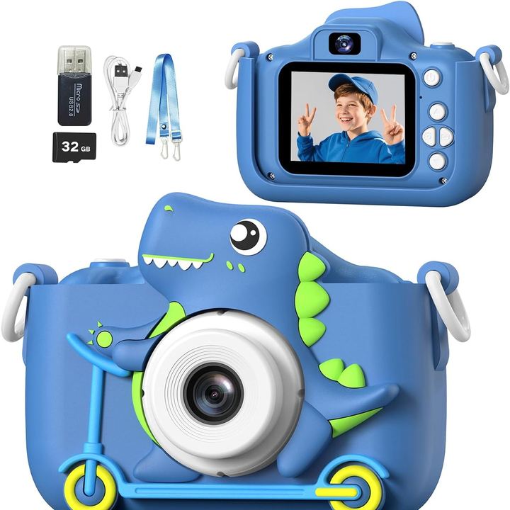 Blue kids camera in a soft dinosaur case