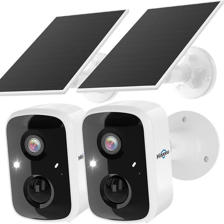Two outdoor security cameras, each with a solar panel